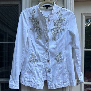White House Black Market (WHBM) White with Silver Floral Embroidered Jacket Sz 6